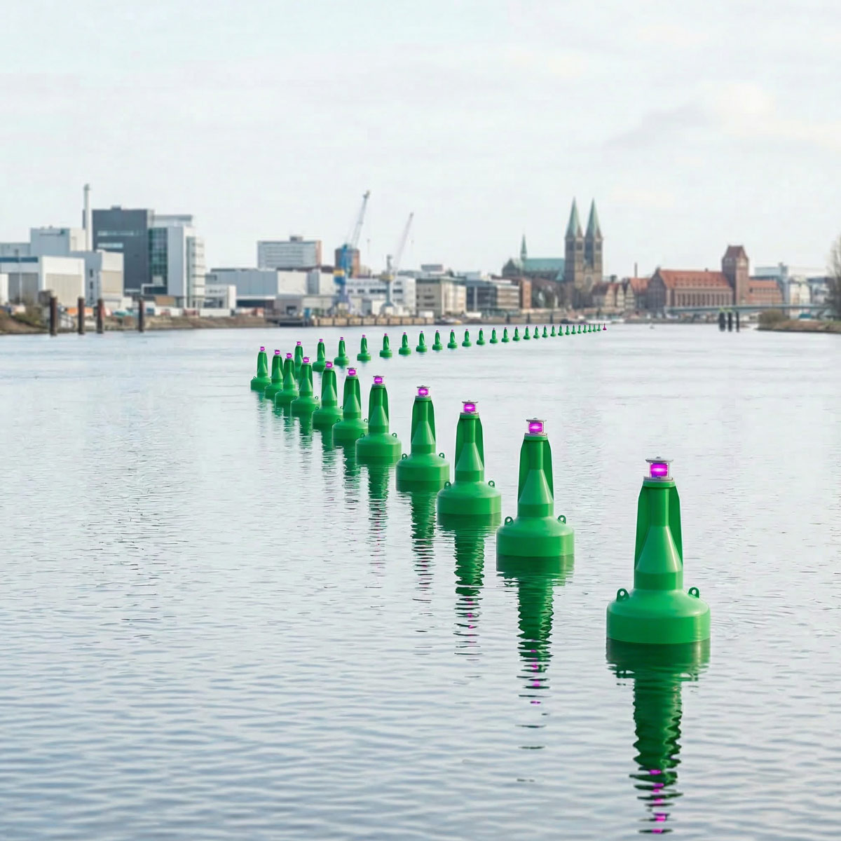 Serie von Navigationsbojen in klarer Linie auf der Weser, eine Boje in Magenta, symbolisiert den strukturierten Ablauf, minimaler interner Aufwand für den Kunden, Editorial-Stil