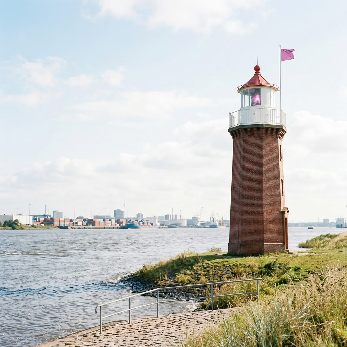 Leuchtturm an der Weser mit magentafarbener Fahne, ruhiges Wasser, Skyline im Hintergrund, symbolisiert Klarheit, Struktur und nachhaltiges Recruiting-System