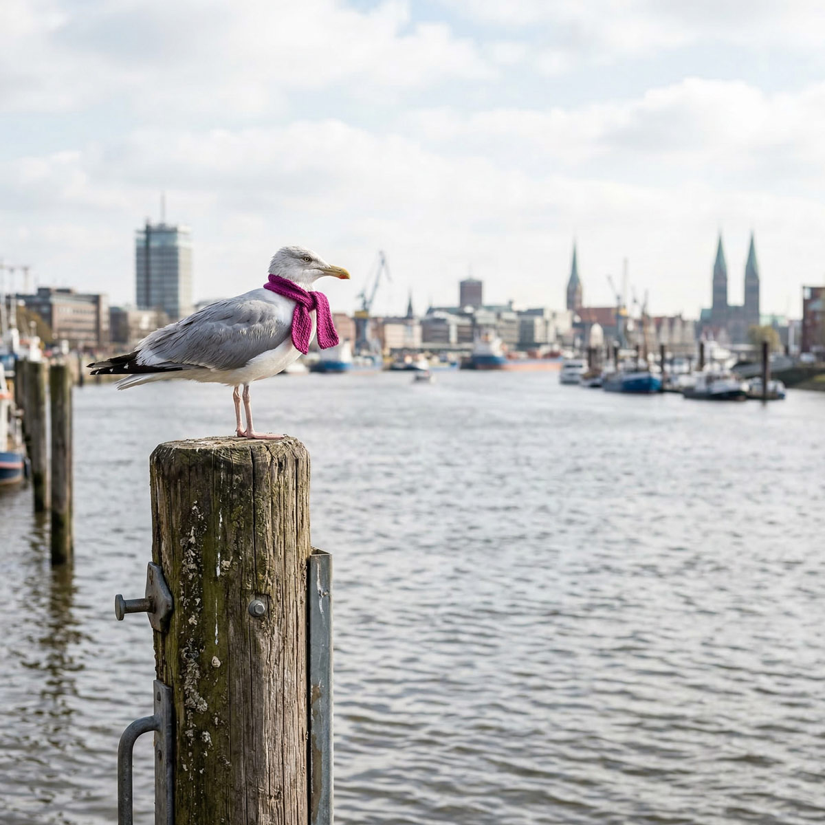 Möwe mit magentafarbenem Schal auf Pfahl an der Weser, Skyline im Hintergrund, symbolisiert Einblicke in Arbeitsalltag, Teamkultur und Sichtbarkeit als Arbeitgeber