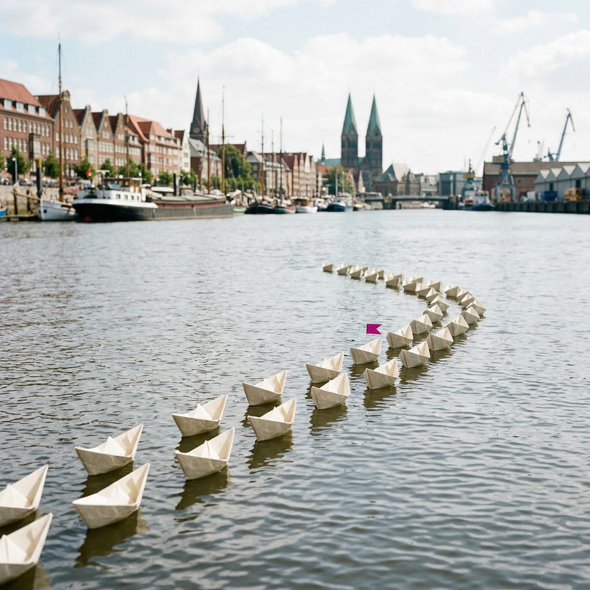 Moderne Papierboote auf der Weser in Bremen, in Formation auf einen Hafen zulaufend, eine Boje in Magenta als visuelles Symbol für Steuerung und Recruiting-Funnel, Editorial-Stil