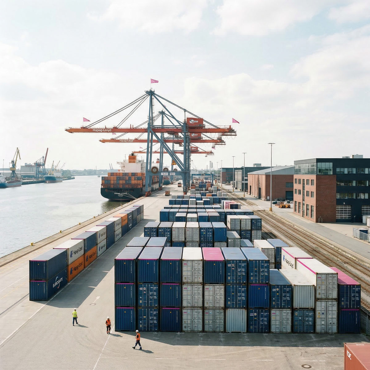 Hafen mit Kränen, Schiffen und Containern, symbolisch für die Lieferung eines funktionierenden Recruiting-Systems, klare Struktur, Ordnung und Planung